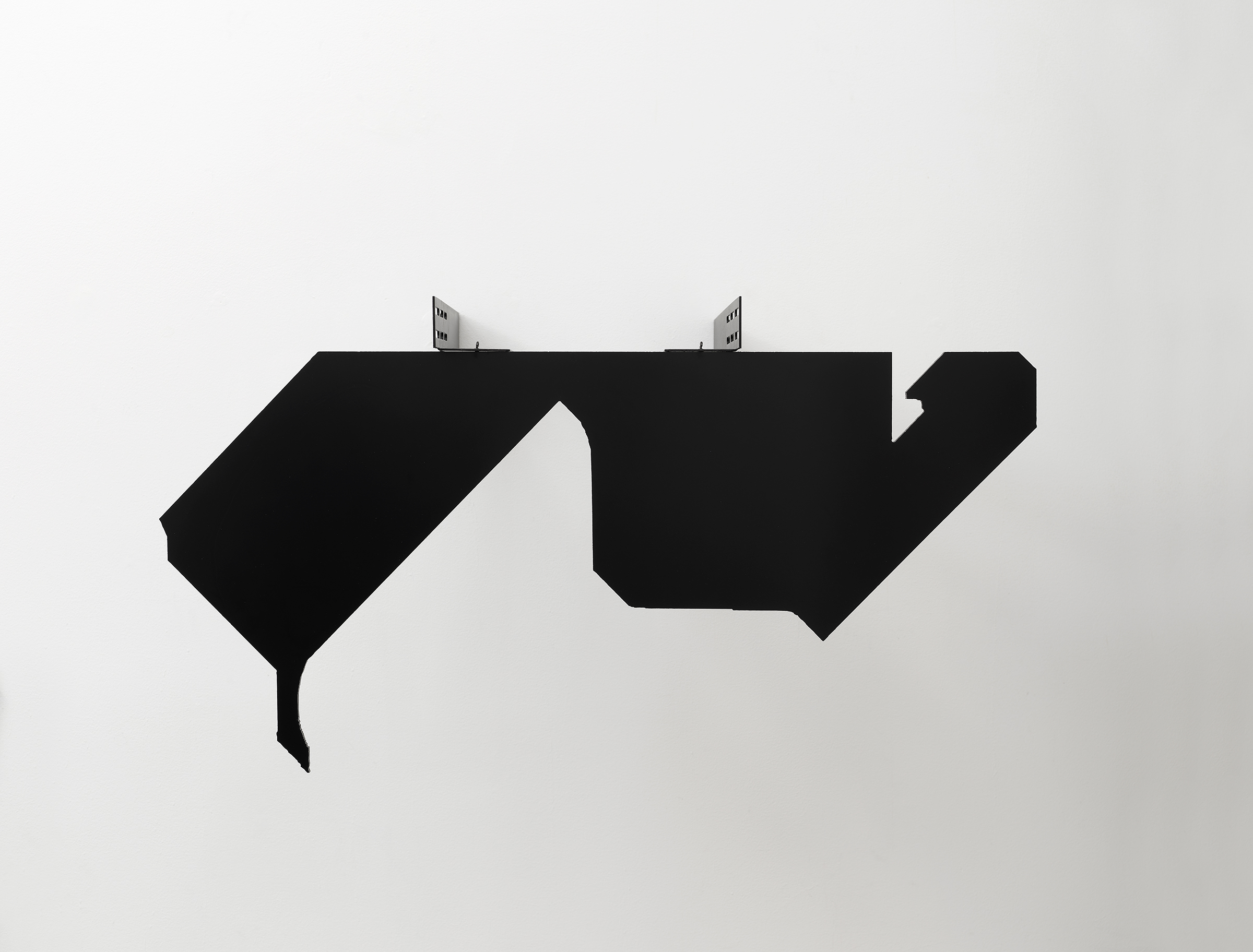 Sculpture made of black, laser-cut Dibond and black server rack rails, mounted on wall
