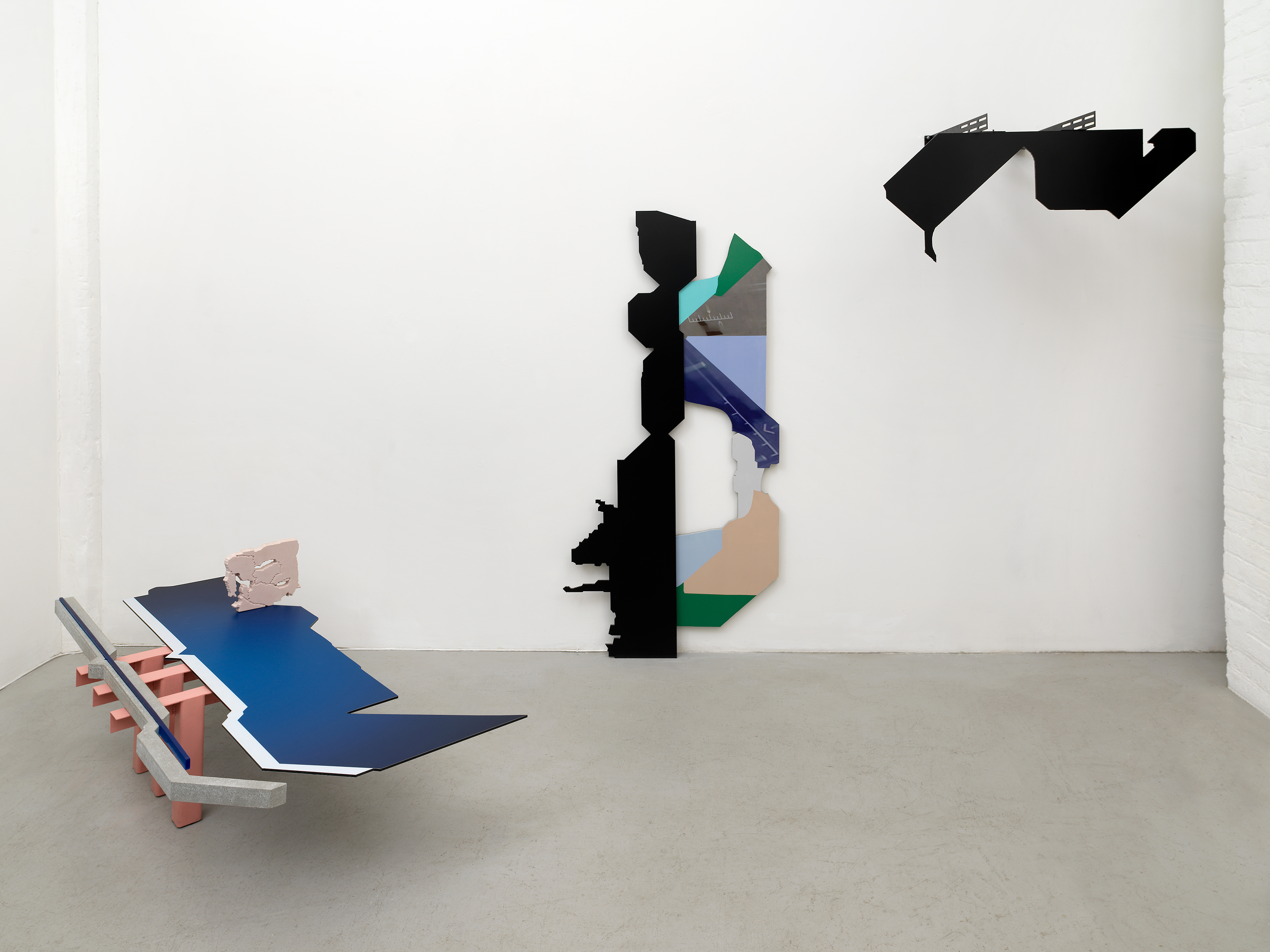 Installation view of three sculptures: from left, Activation of Marginalia, Edge Polity, Designed Subject Navigates the Blob