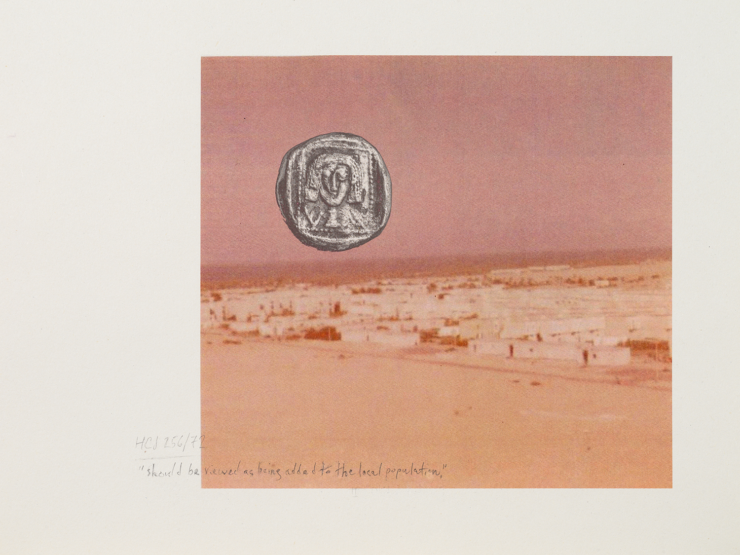 photo of pigment inkjet print consisting of ancient coin, settlement archive, and writing referencing Israeli law HCJ 256-72