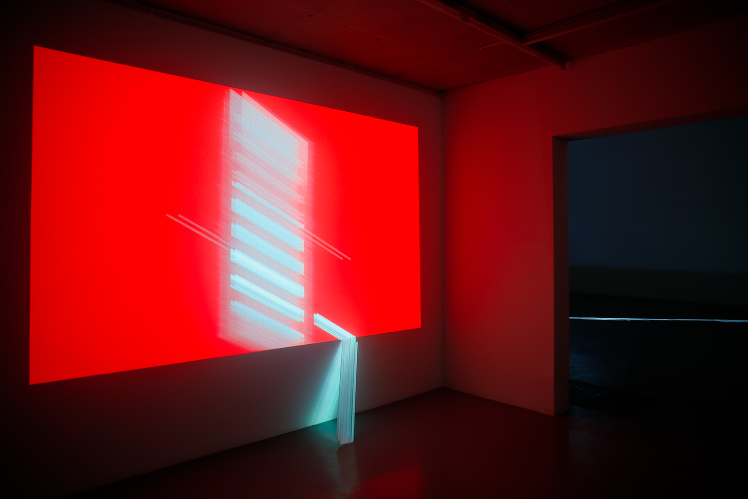 Installation containing projection of one digital still image on wall and another still image mapped onto accompanying CNC-routed acrylic object abutting wall 